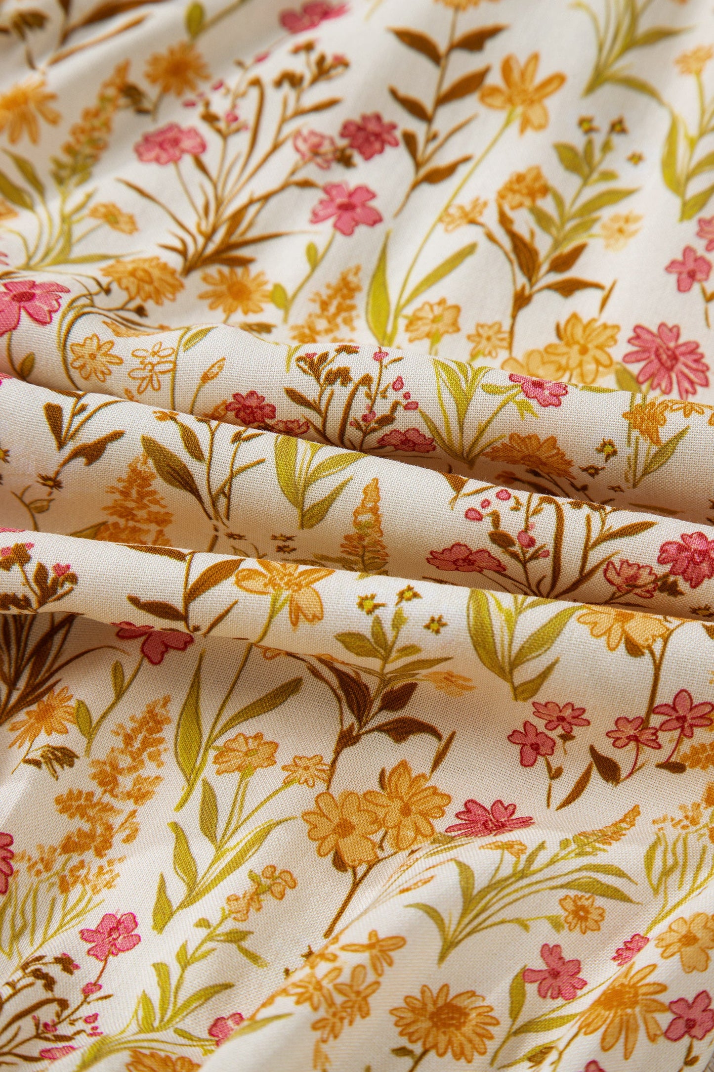 Vestido Camisero Holgado de Manga Larga con Estampado Floral Amarillo, Ribetes Volantes y Puños Fruncidos