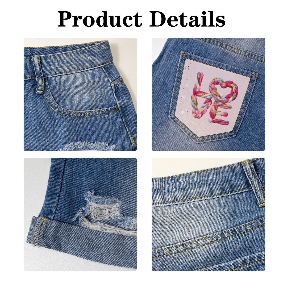 Latch Hook Yarn Love Light Blue Denim Shorts with Dual Pockets Design