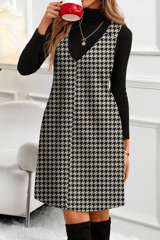 Minivestido sin mangas con cuello de pico y estampado de pata de gallo caqui