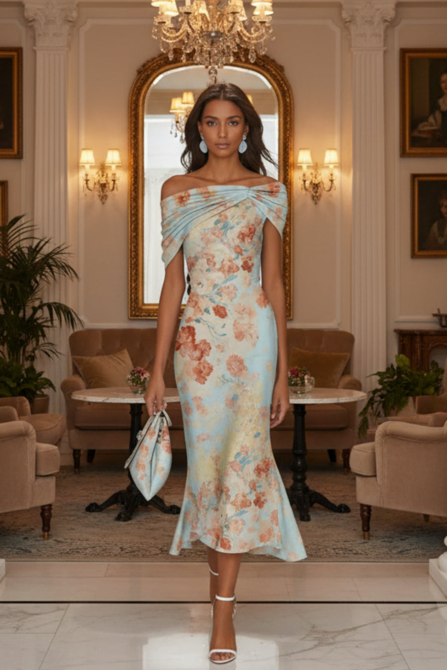 Women's Digital Print One-Shoulder Long Sleeve Floral Maxi Dress – Blue Floral