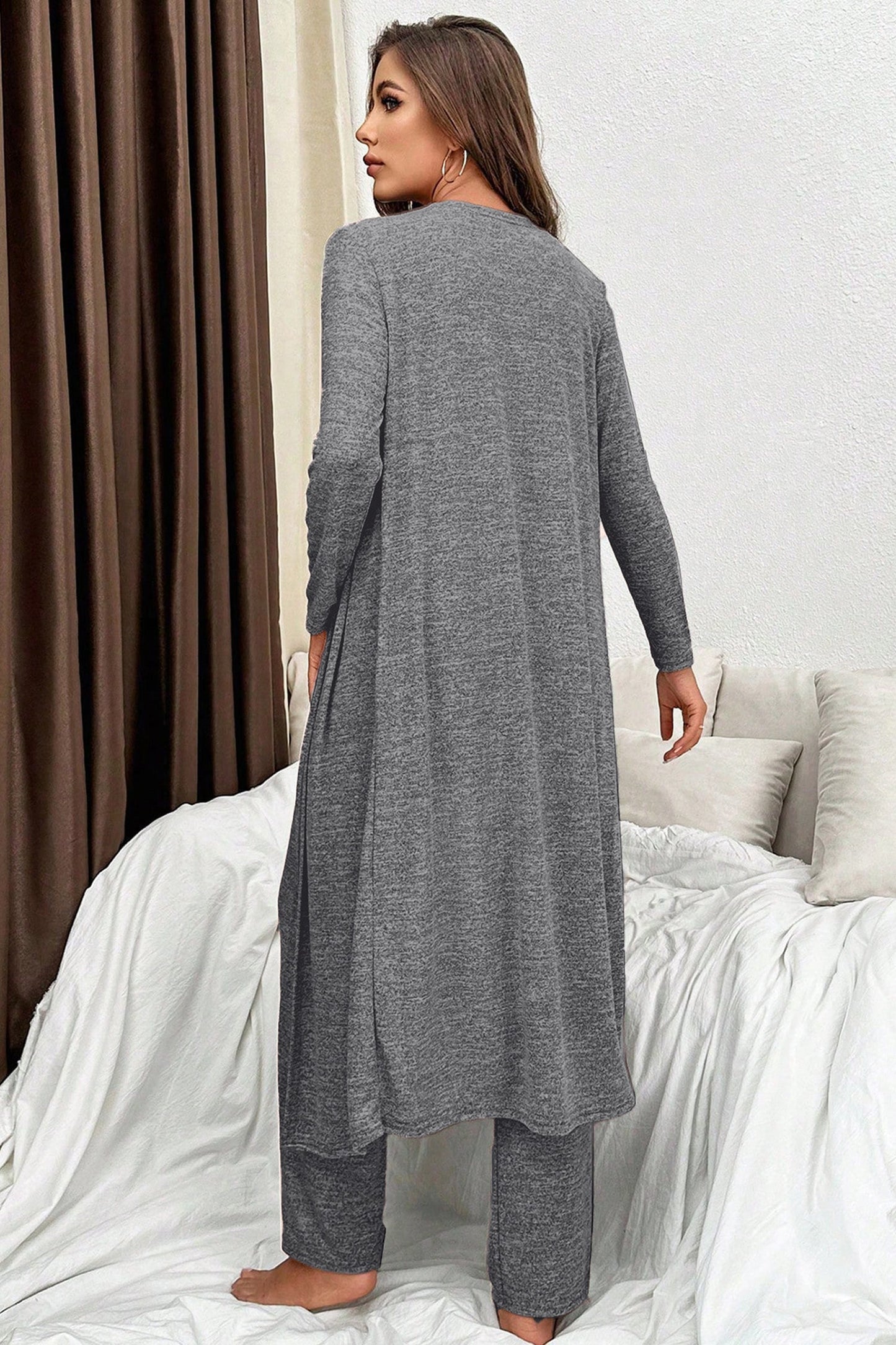 Conjunto de salón de 3 piezas: camiseta con cuello en V, pantalón con lazo anudado y chaqueta abierta
