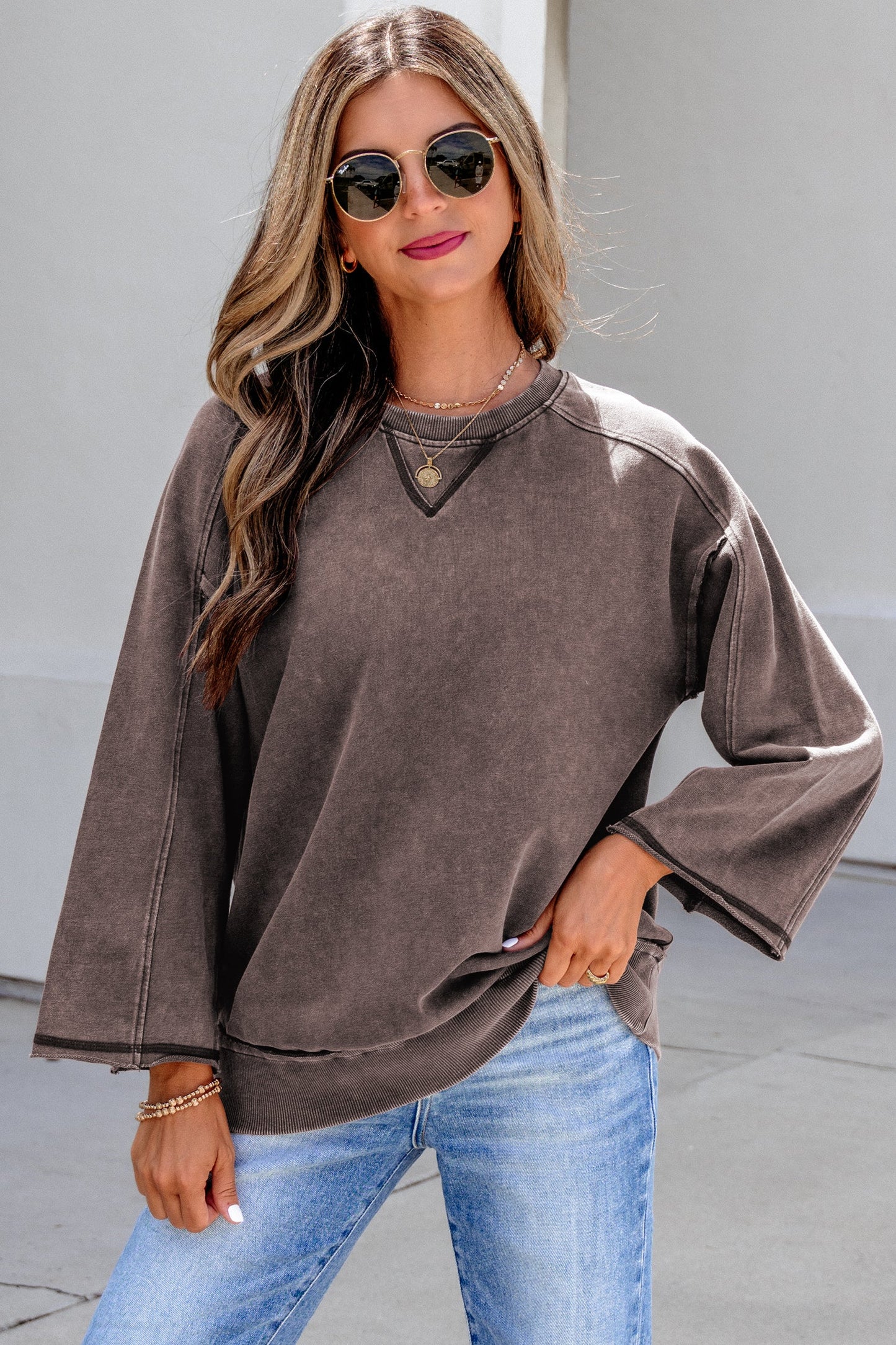 Dark Brown 3/4 Sleeve Mineral Wash Loose Cotton Top