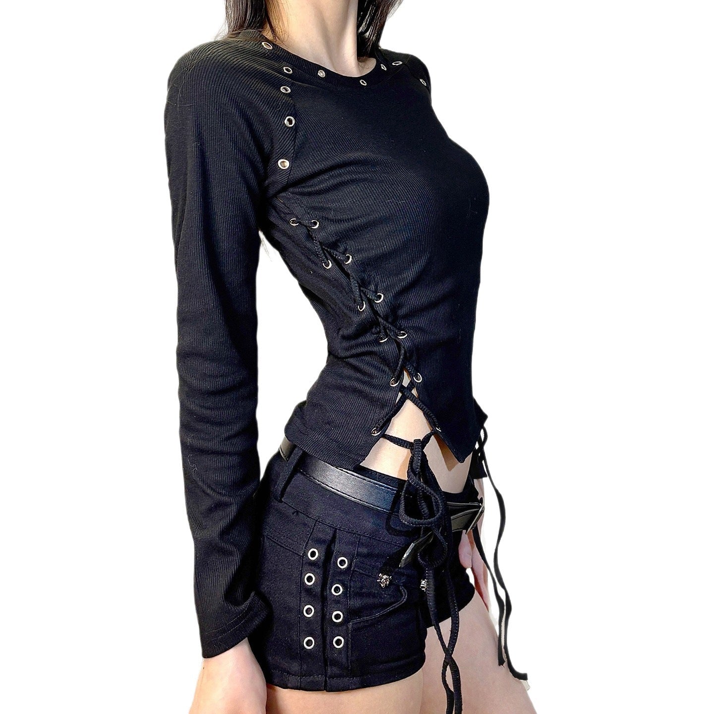 Post-apocalyptic Dark-style Crew-neck Long Sleeves With Eyelet Drawstrings And Lace-up Detailing
