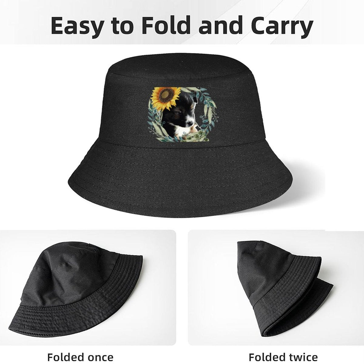 Black Bucket Hat with Cute Puppy for Women & Men (Front Printing)