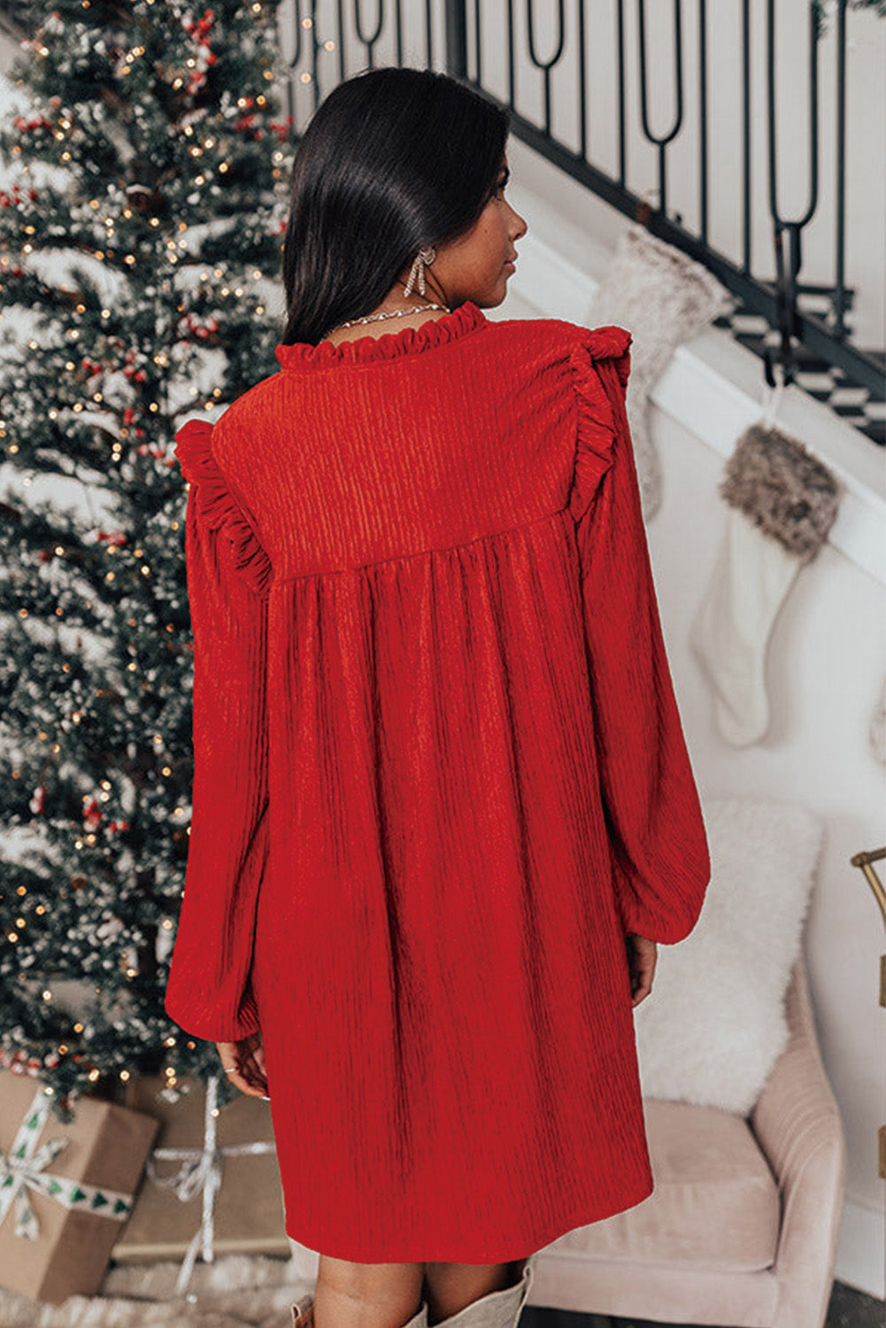 Fiery Red Textured Ruffled Trim V-neck Loose Fit Mini Dress