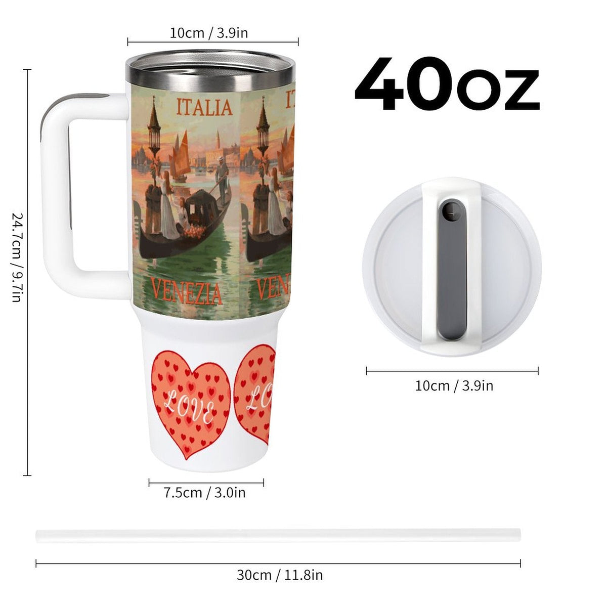 Venezia Italia Gondola Love 40oz Stainless Steel Tumbler with Handle and Lid
