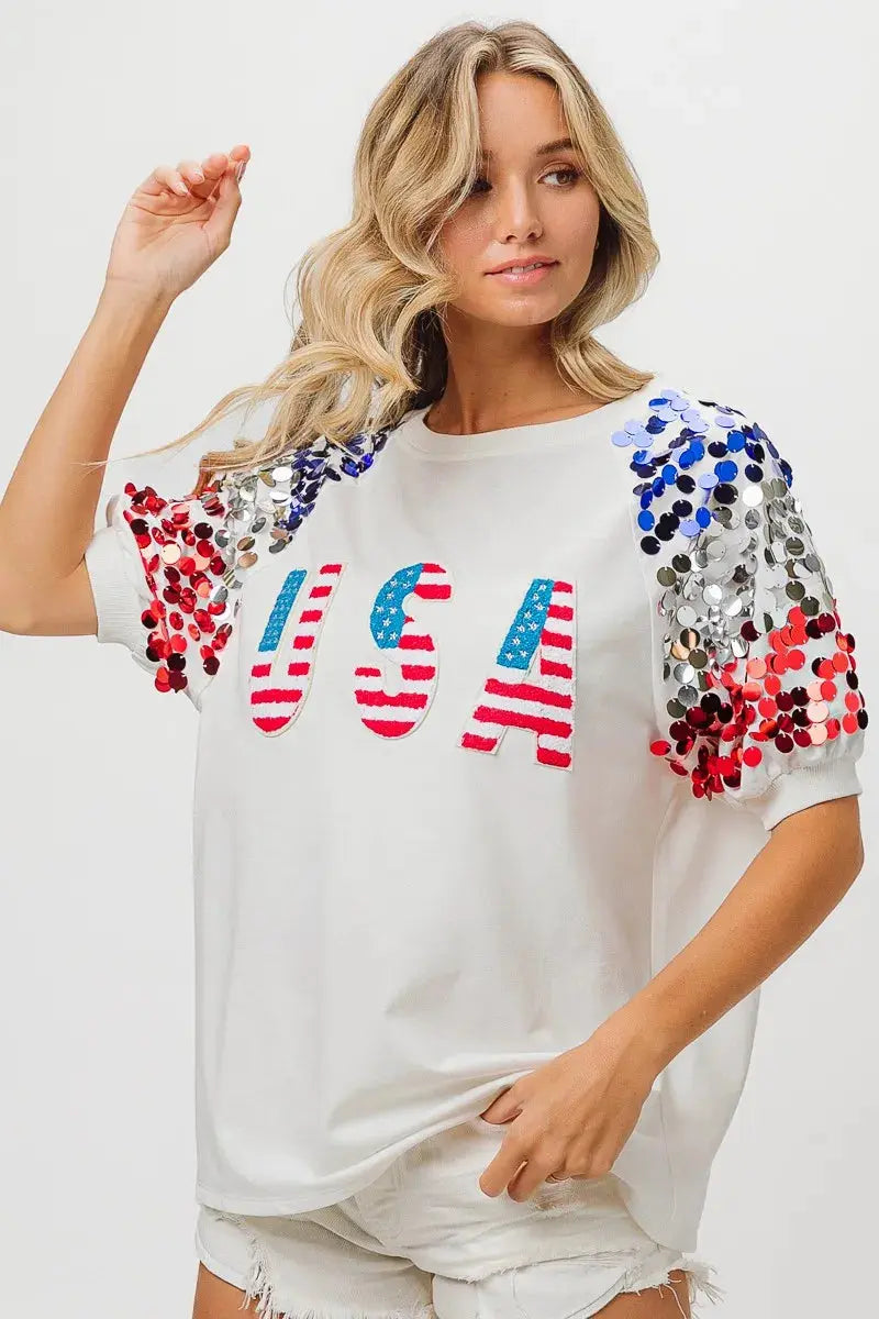 Women's T-Shirt Women's Tee - Sequin American Flag - Patriotic USA Made