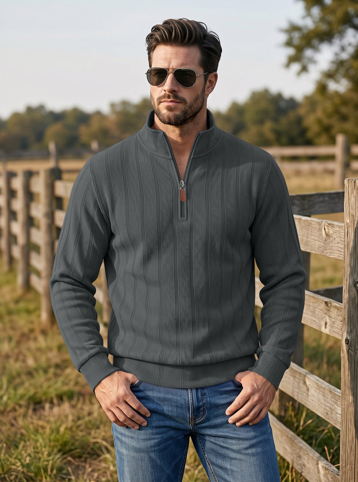 Cross-border TK Men's Vertical Stripe Waffle Half-Zip Stand Collar Long Sleeve Top, Solid Color Casual Pullover American Sweatshirt