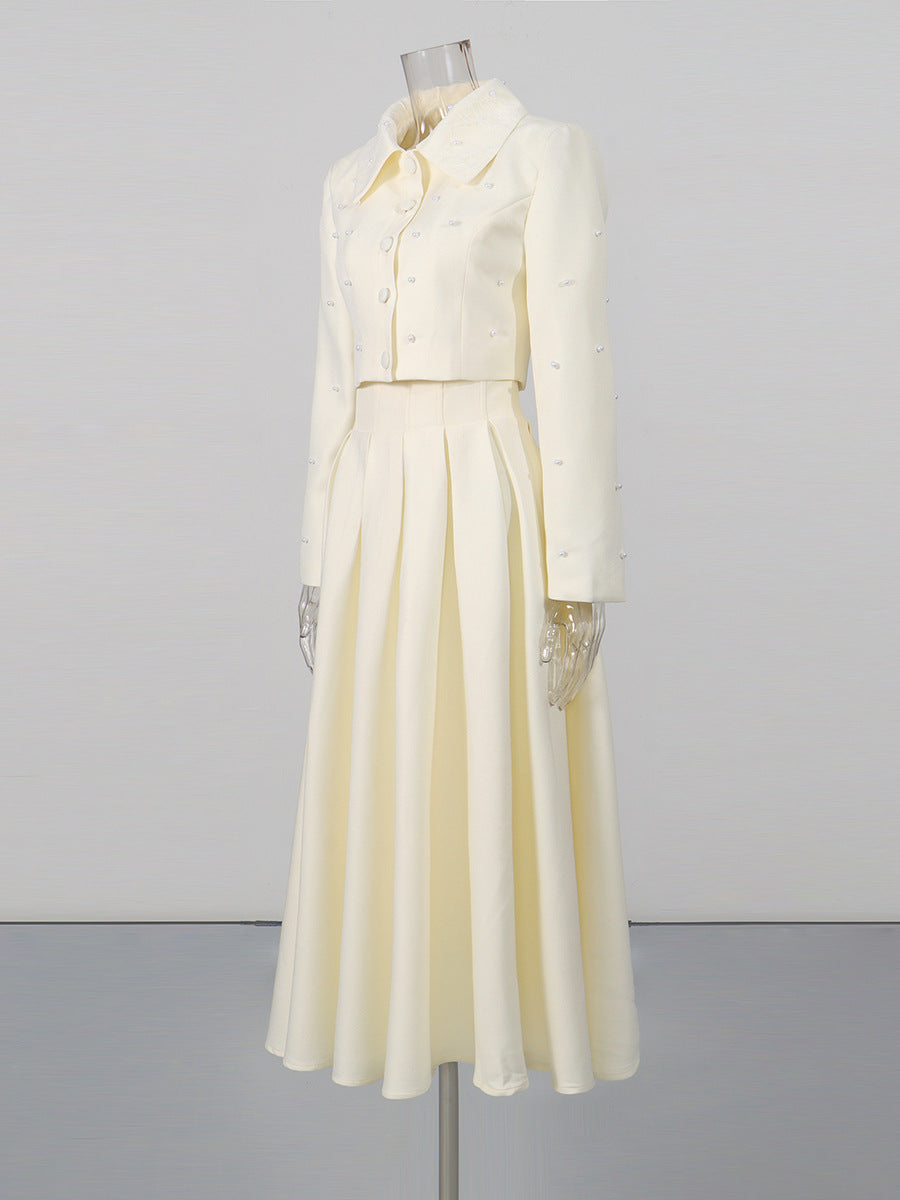 Pearl Embellished Cropped Jacket & Pleated Midi Skirt Two-Piece Set