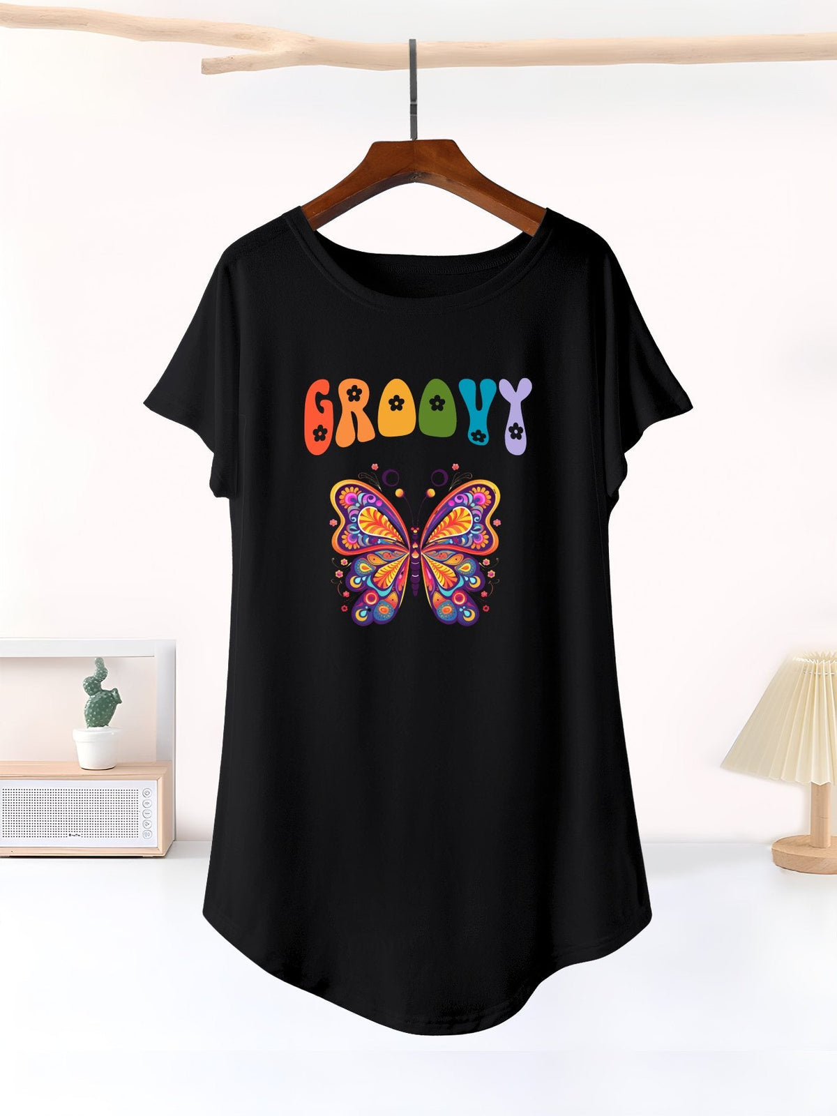 Groovy Butterfly Casual Summer T-Shirt Nightgown for Women (Front Printing)