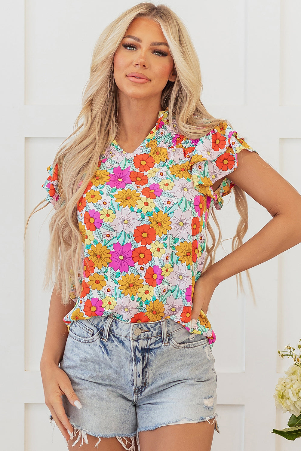 Blusa Amarilla Estampado Floral Fruncida con Volantes en las Mangas y Capas