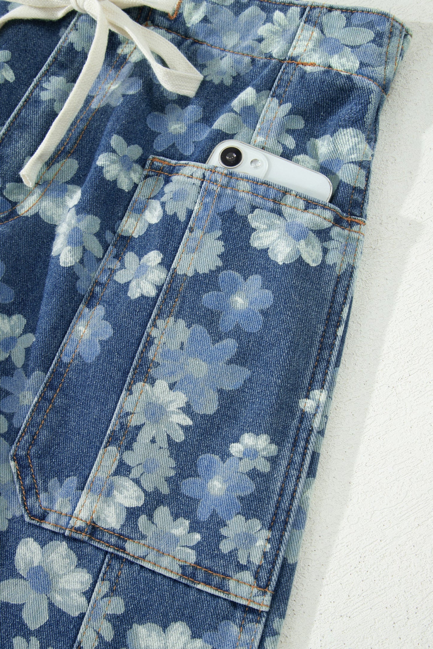 Sky Blue Dainty Floral Printed Drawstring Barrel Jeans