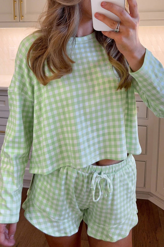 Conjunto de salón de 2 piezas: top de manga larga suelto de cuadros verdes y shorts con cordón