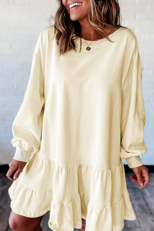 Minivestido suelto de manga larga con dobladillo con volantes de dos capas en color beige