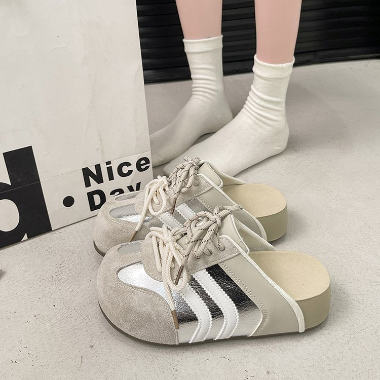 Women Retro Backless Mule Sneakers Color Block Suede Upper Striped Side Detail Twisted Lace Round Toe Slip On Flat Rubber Sole Casual Street Daily Slide On Trainers