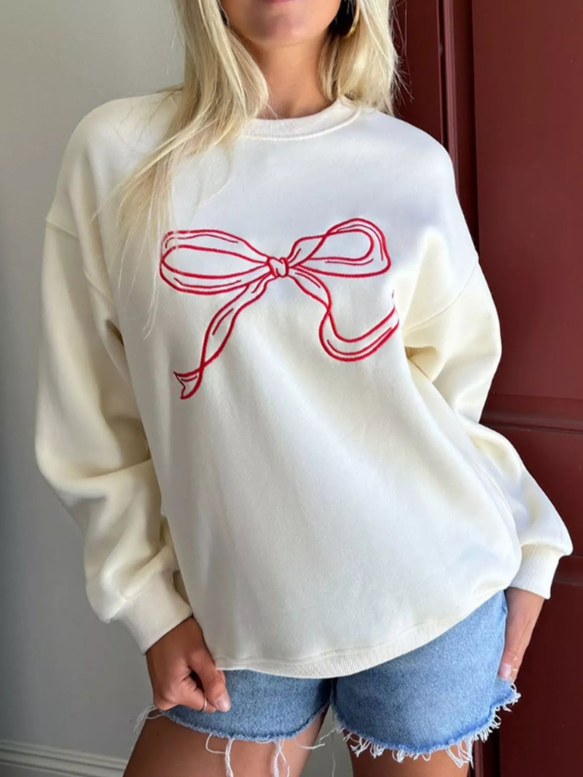 Bow Crew Neck Drop Shoulder Sweatshirt