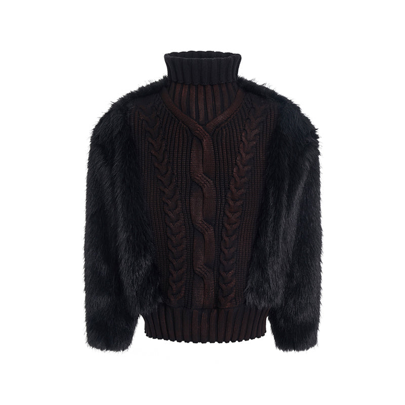 Brushed Lining Thick Fur Patchwork Turtleneck Sweater For Men