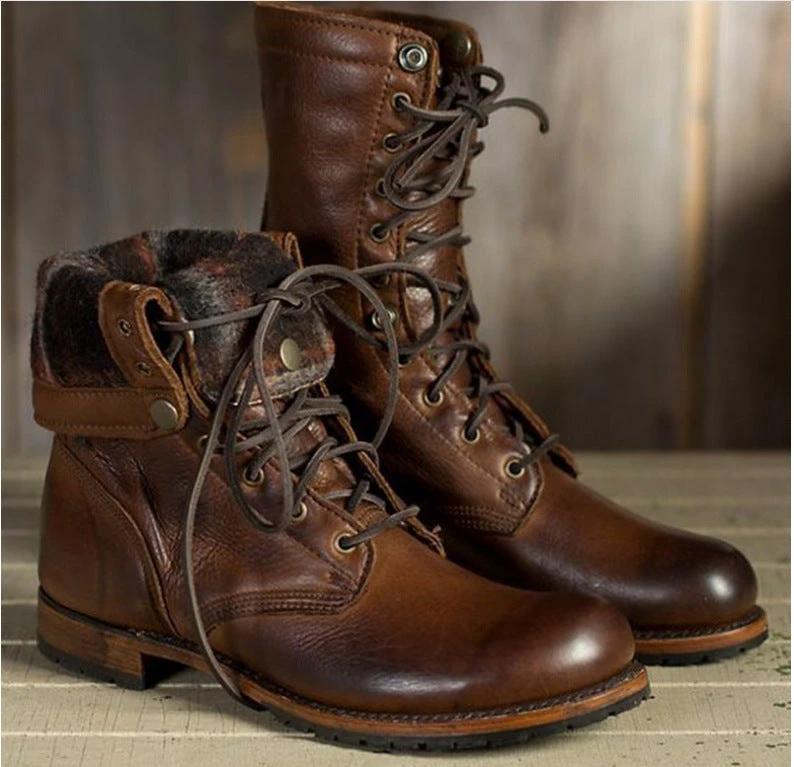 Men's Retro Motorcycle Lace-Up Combat Boots Low Heel