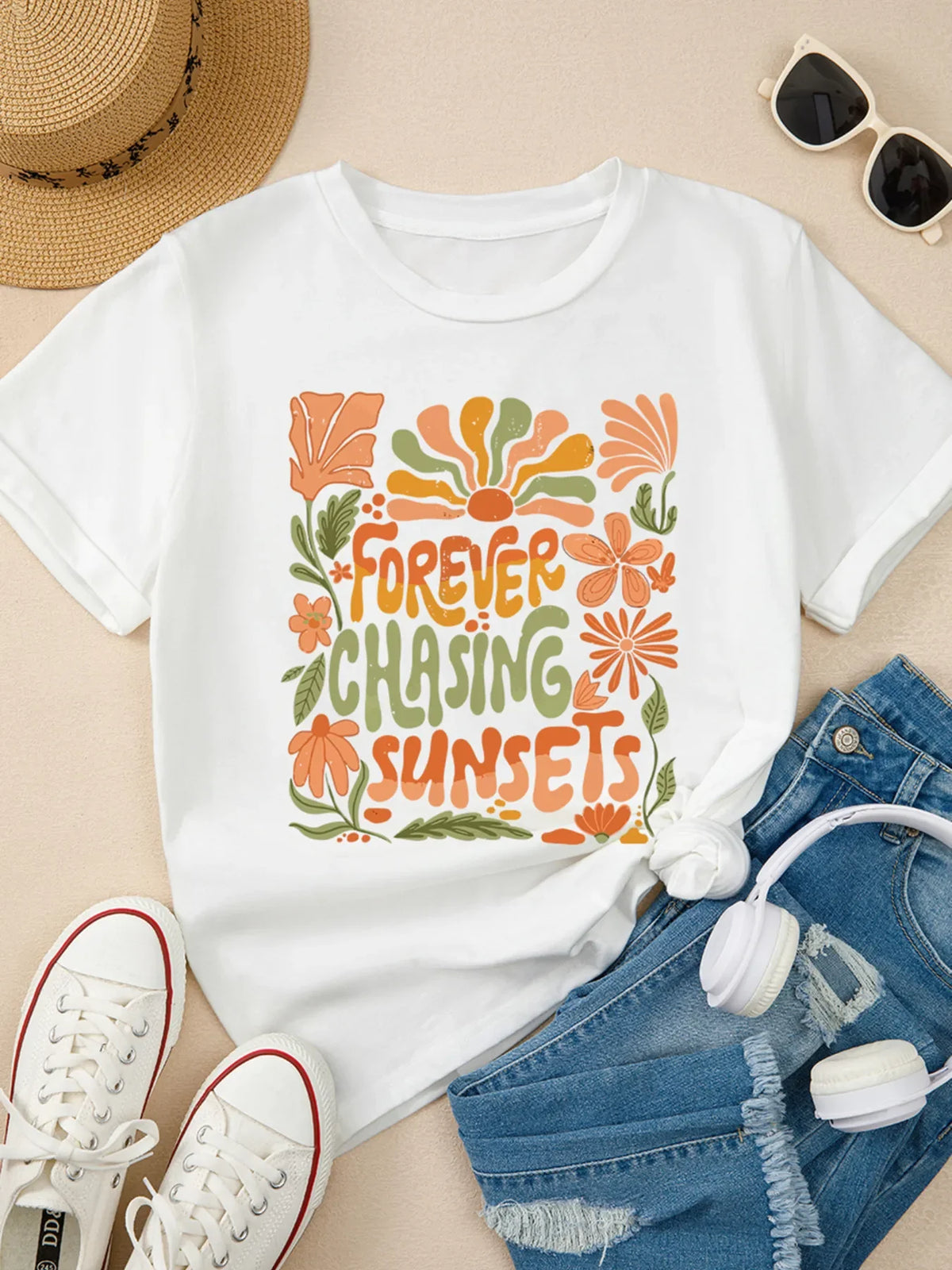 FOREVER CHASING SUNSETS Round Neck T Shirt