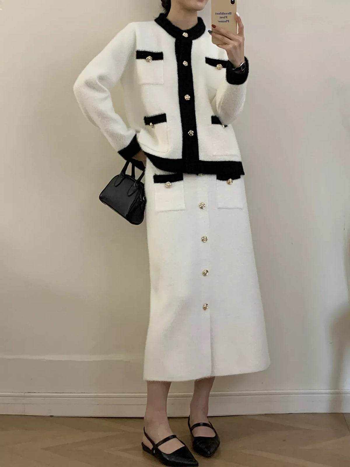 Contrast Trim Jacket and Skirts Sweater Set