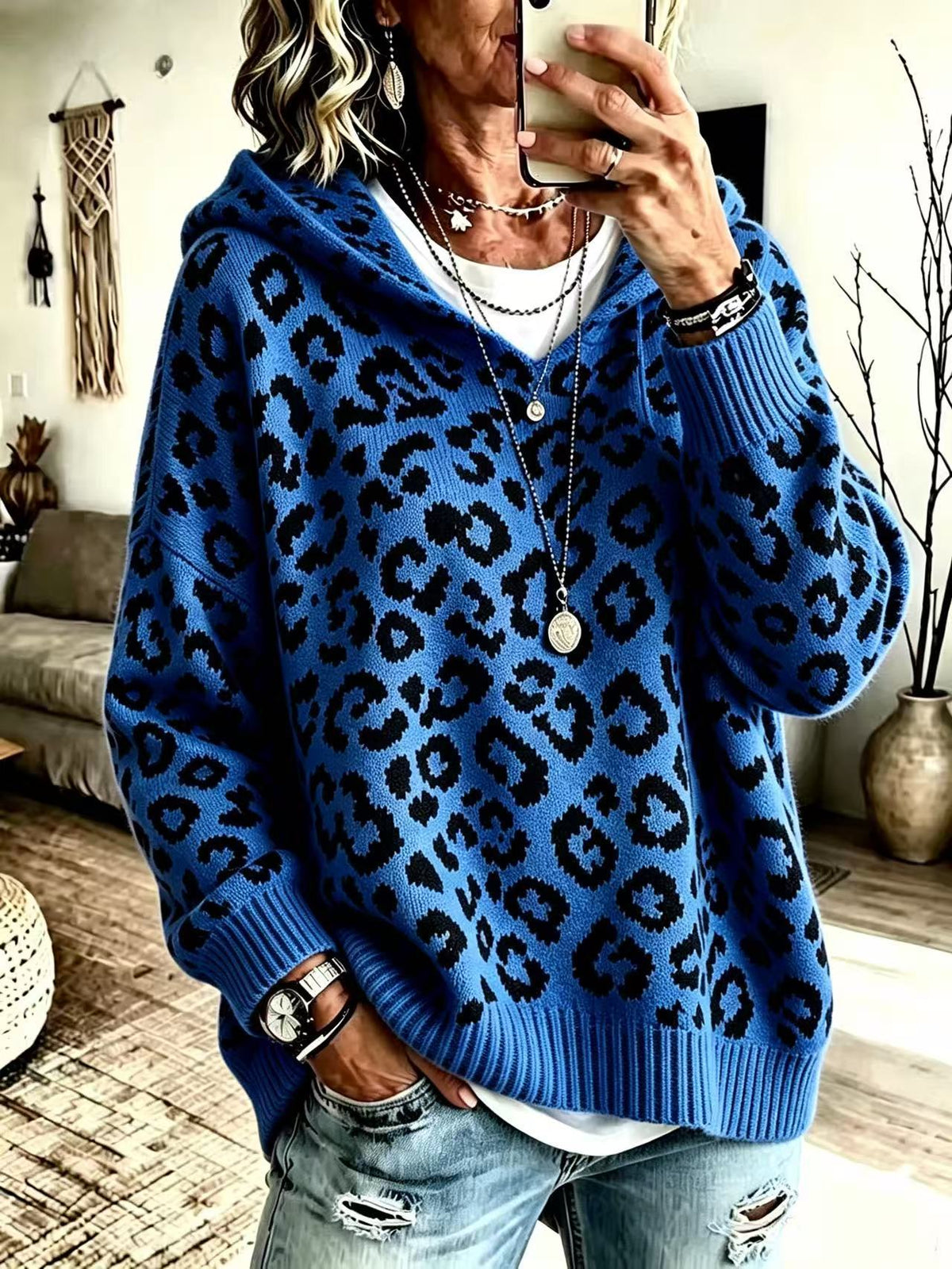 New Fallwinter Womens Leopard-print Hooded Knit Sweatshirt