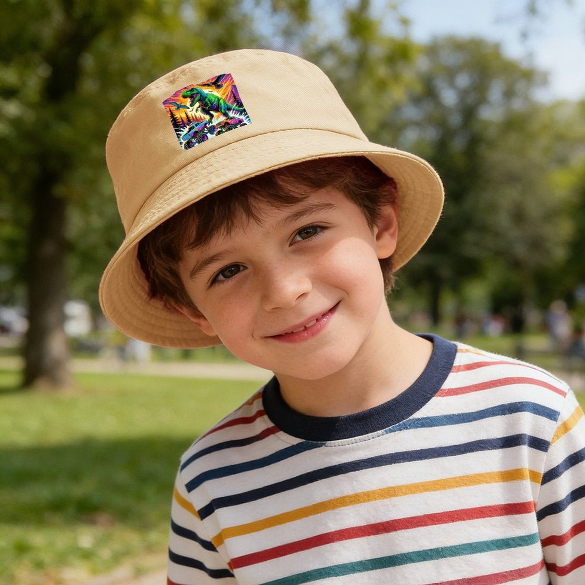 Giant Dinosaur Stomping Trucks Design Kid's Bucket Hat | Ships from USA