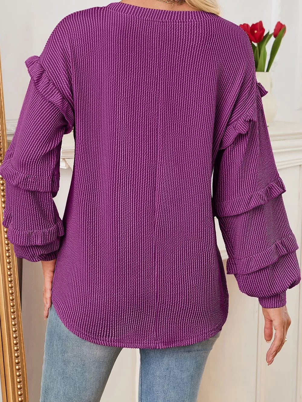 Round Neck Ruffled Long Sleeve Sweatshirt