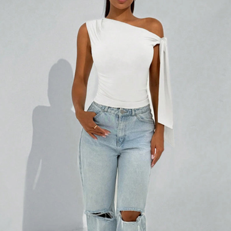 Top asimétrico con lazo en un hombro para mujer – Camisa para salir y fiesta