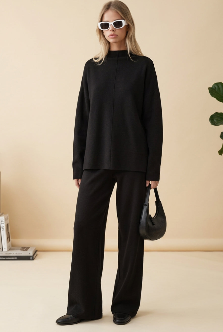 Women's Mock-Neck High-Low Sweater & Wide-Leg Pants Set