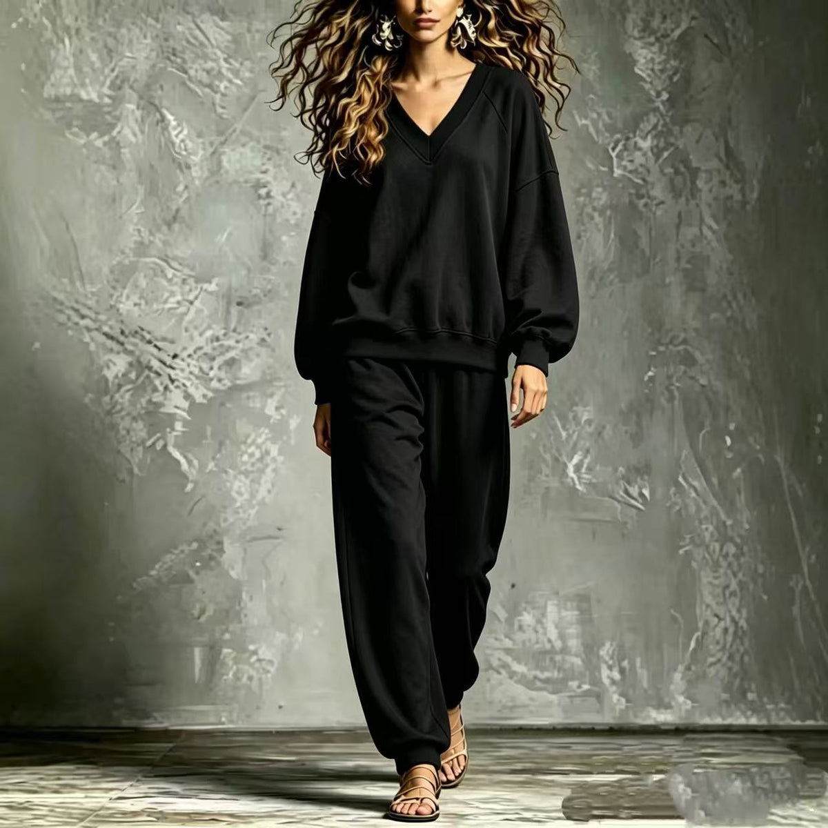Women's Relaxed V-Neck Sweatshirt & Cuffed Jogger Set