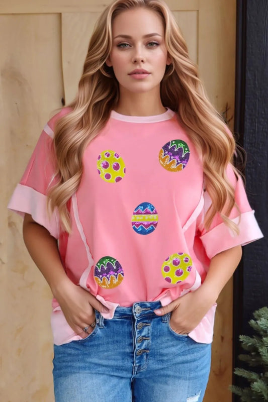 Camiseta de manga corta con lentejuelas de huevo de Pascua