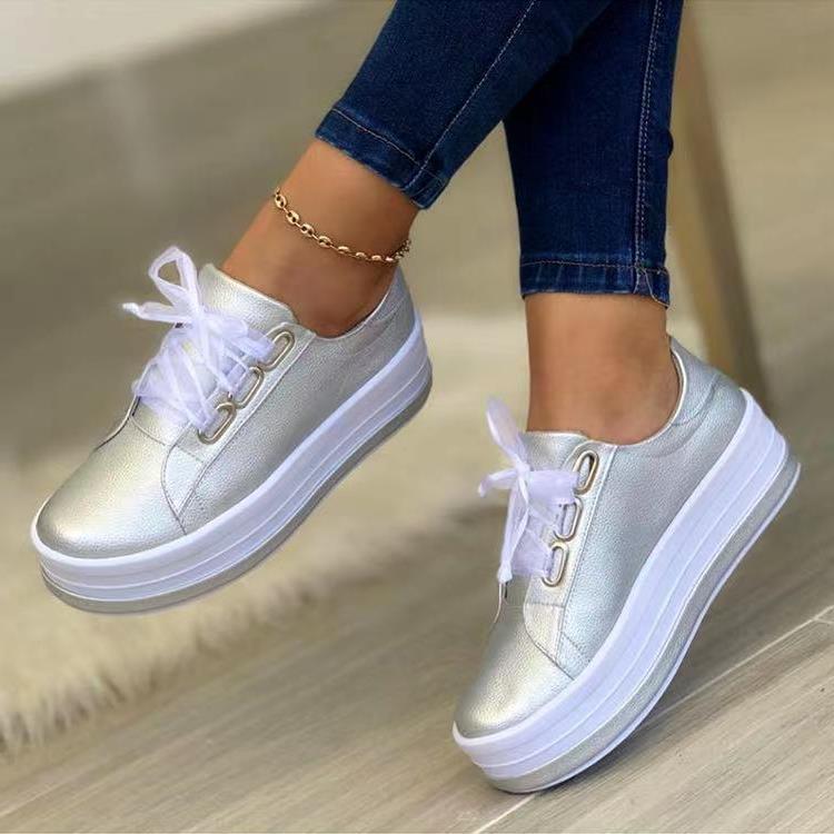 Zapatos de mujer con plataforma, cordones, punta redonda, estilo casual europeo y americano, talla grande. Ver tabla de tallas en "más detalles".