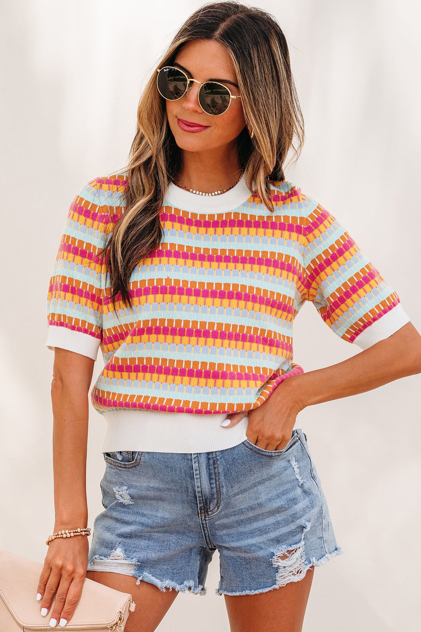Purple Abstract Striped Knit Short Sleeve Sweater