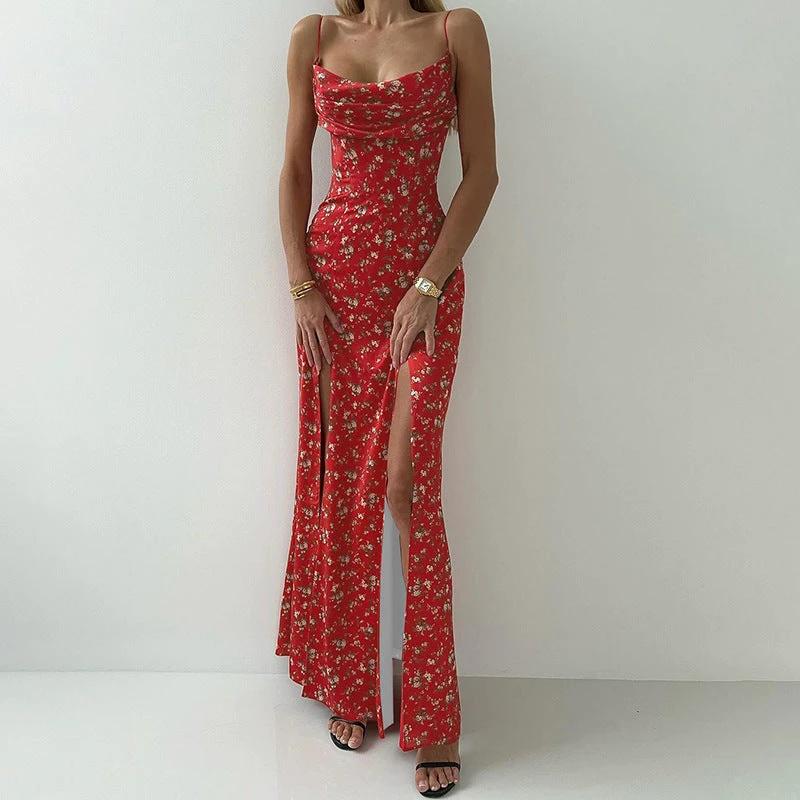 Women's Printed High Waist Slit Off-neck Dress