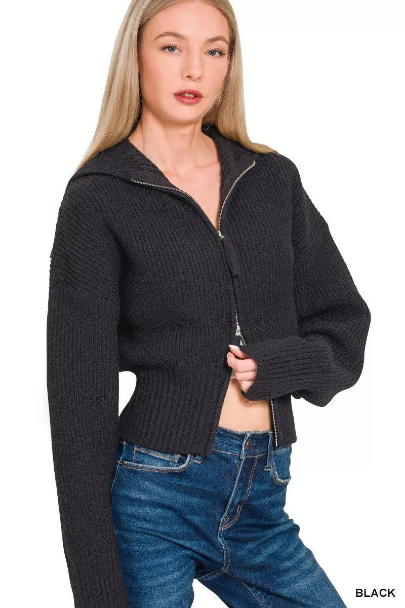 Zenana Ribbed Collared Zip Up Sweater Cardigan in Black