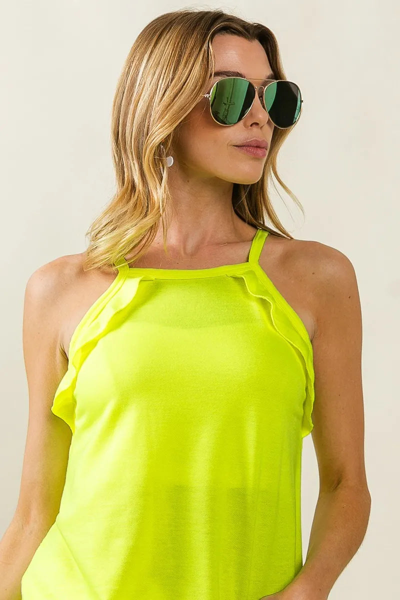 BiBi French Terry Knit Ruffled Detail Sleeveless Top