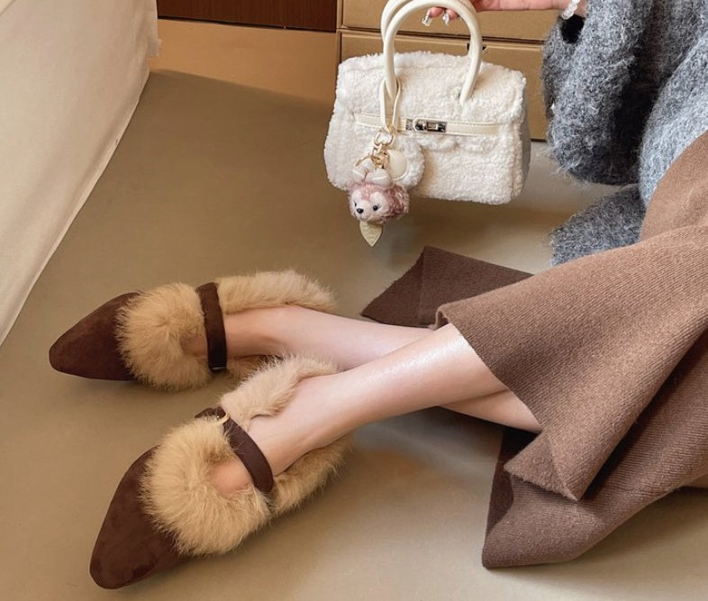 Pointed Toe Furry Shoes Women, Retro Elegant Suede Wedge Flats, One-Strap Buckle Fleece-Lined Mary Jane Shoes