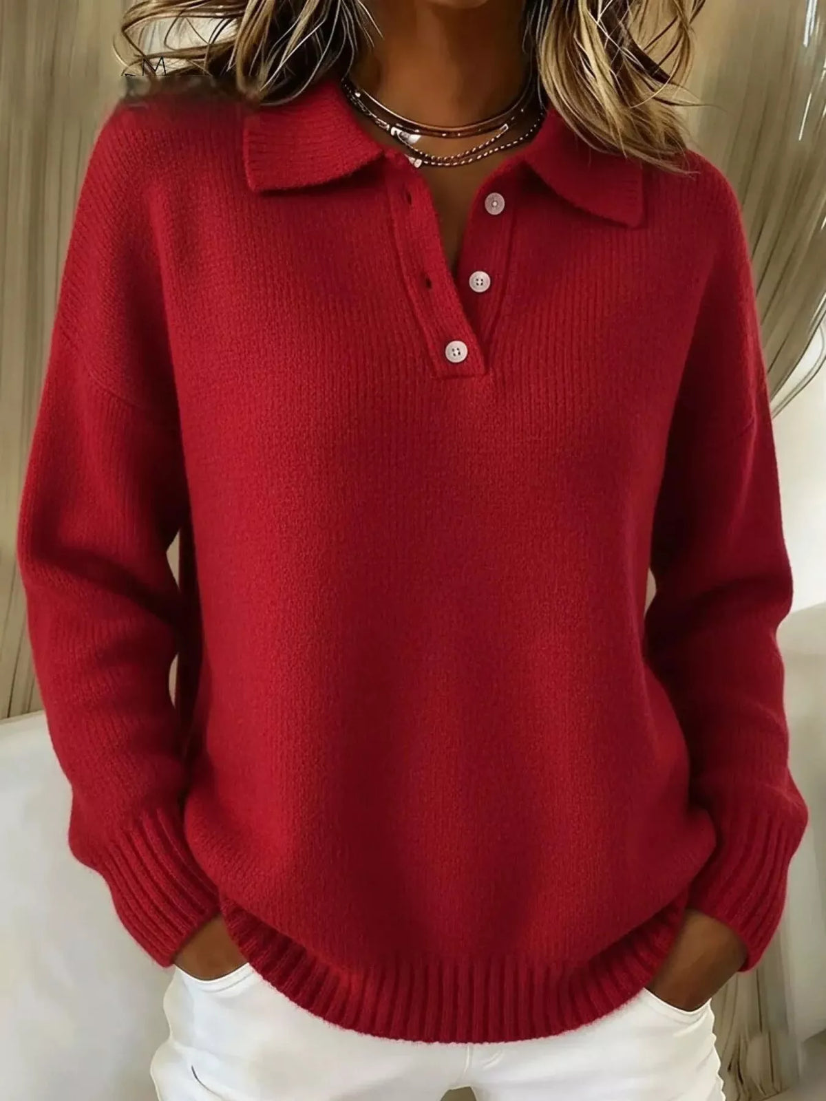 Full Size Half Button Collar Drop Shoulder Sweater Plus Size