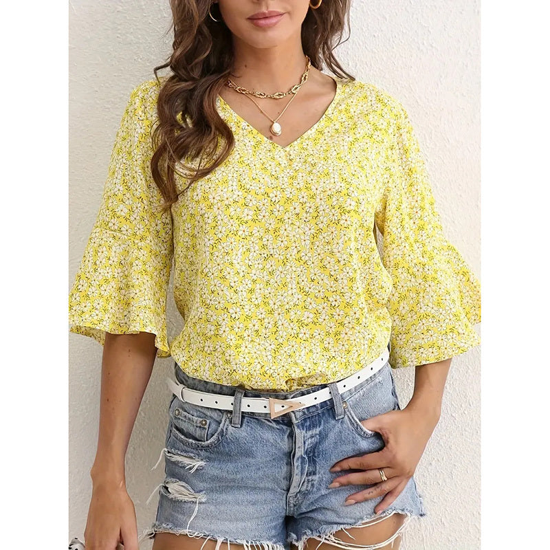 Blusas de verano con estampado floral y cuello en V para mujer con manga acampanada