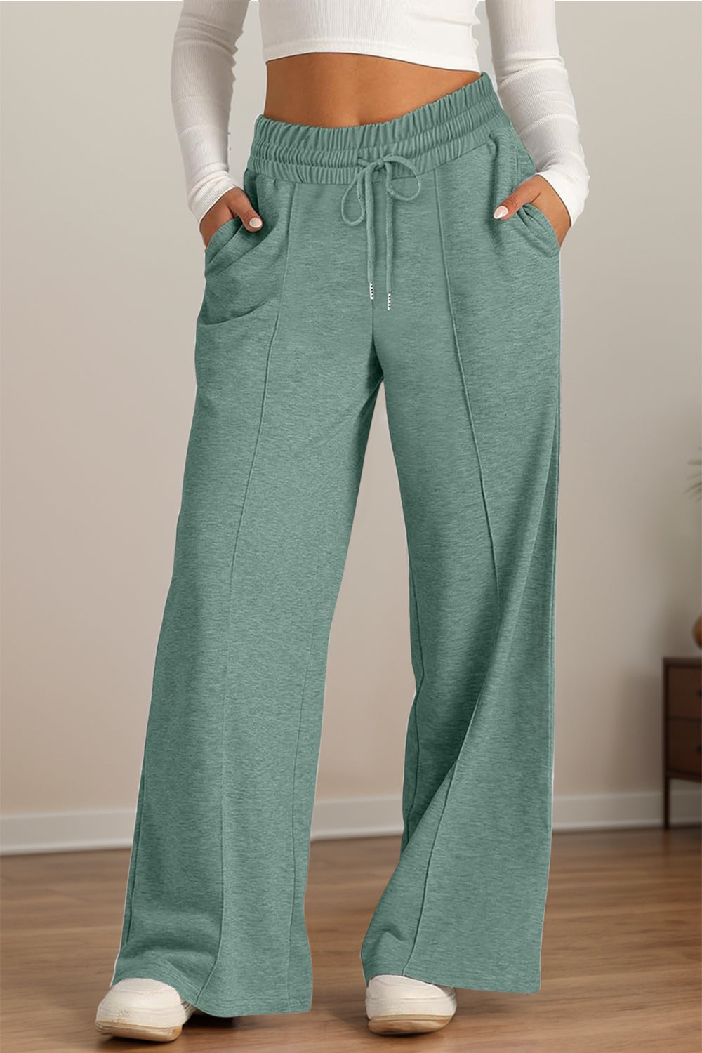 Pantalones de pernera ancha con cintura elástica y cordón ajustable