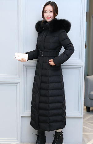 Fashionable Long Thick Solid Color Down Jacket with Fur Collar