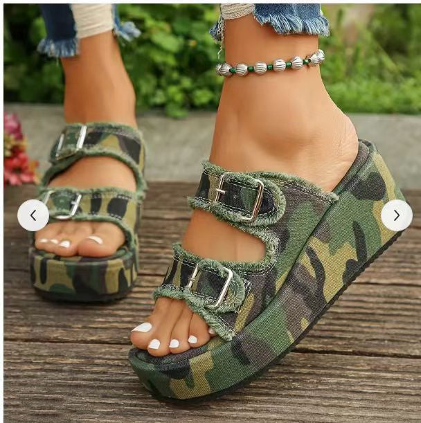 Women's Denim Buckle Platform Wedge Sandals