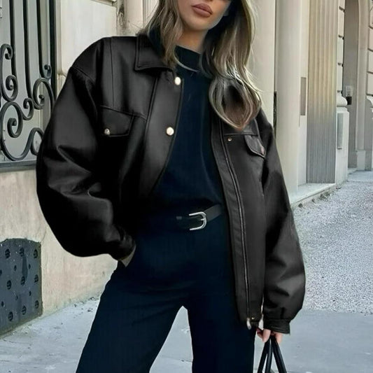 Chaqueta de cuero para mujer, holgada, de manga larga, con solapa, estilo motociclista