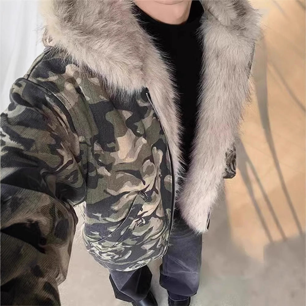 Retro Washed Camouflage Fur Collar Hood Jacket Thickened Coat
