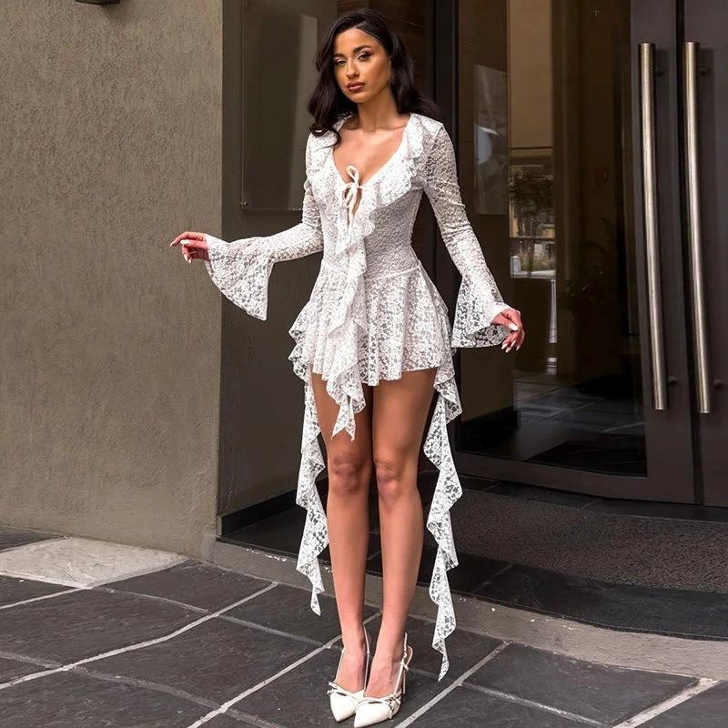 Lace-up Deep V Micro-cut Sleeve Tight-fitting Cinched Lace Dress