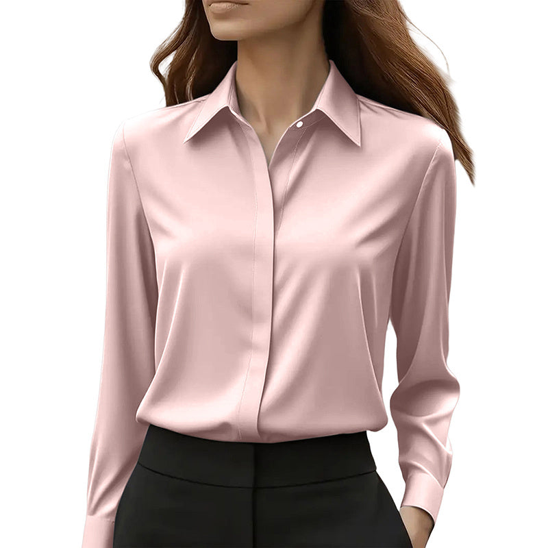 Blusa de satén de corte holgado — Túnica de manga larga con cuello en V para oficina y uso casual