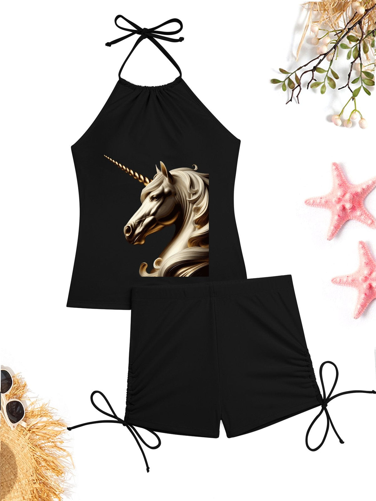 Golden Unicorn Tankini 2-piece Swimsuit with Shorts for Women (Front Printing)
