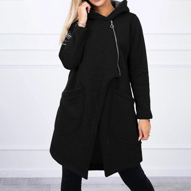 Half-high Neck Side-zip Hoodie With A Hood And Fleece-lined Pockets