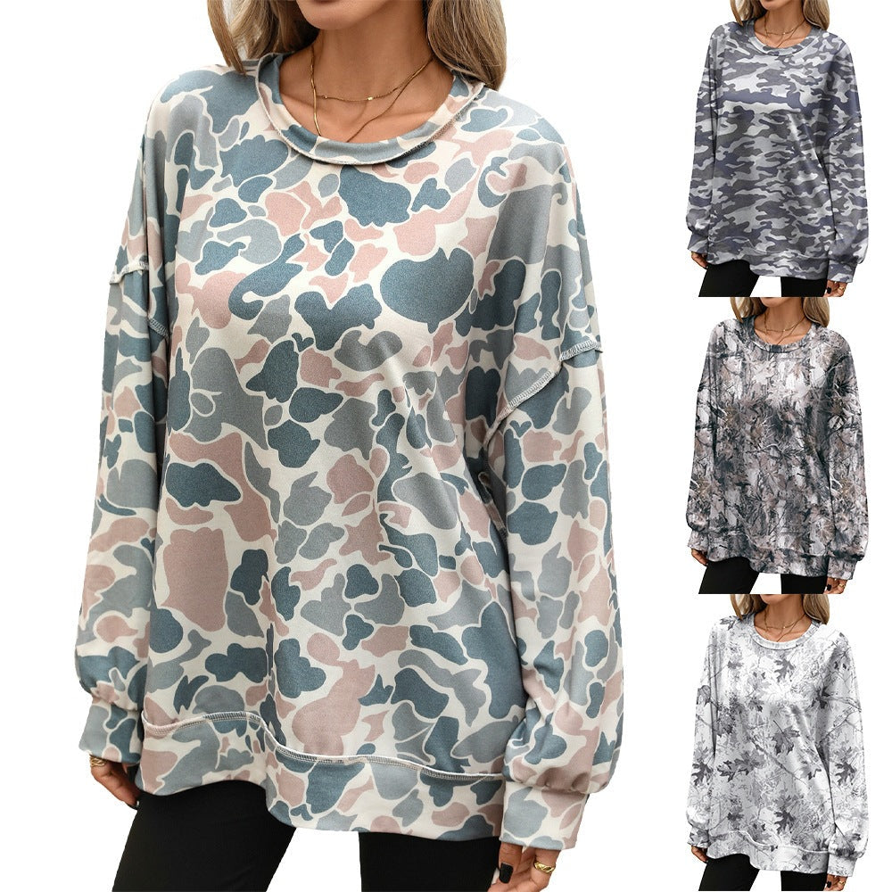 Women's Round-neck Long-sleeve Loose-fit Printed Sweatshirt Top