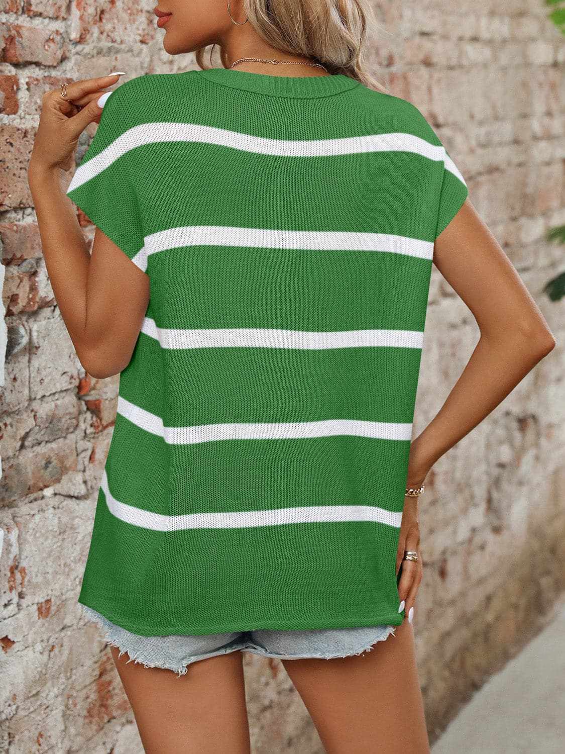 Sweaters Trendsi Chic striped knit top - round neck, short sleeves
